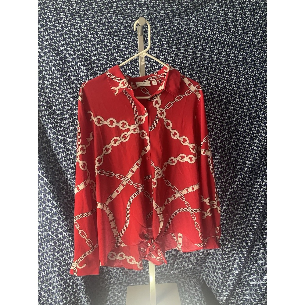 Susan Graver Women's Sz 12 Button Up Blouse Front Tie Top Red White Chain Print